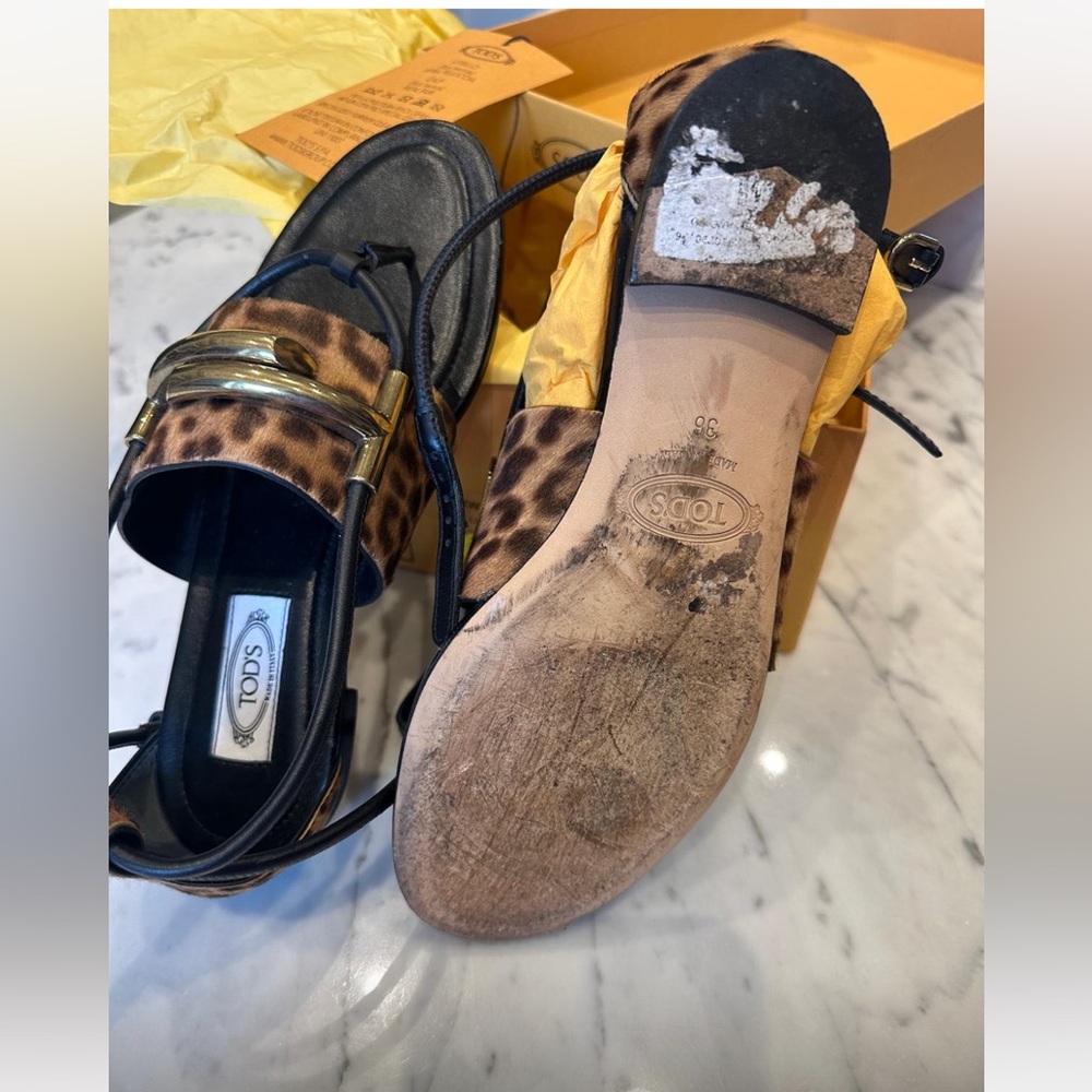 Tod's Brown and Black Leather sandals with Leopard Print size 36